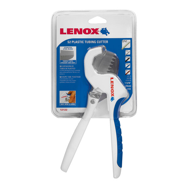 A package for a Lenox plastic tubing cutter with white and blue handles.