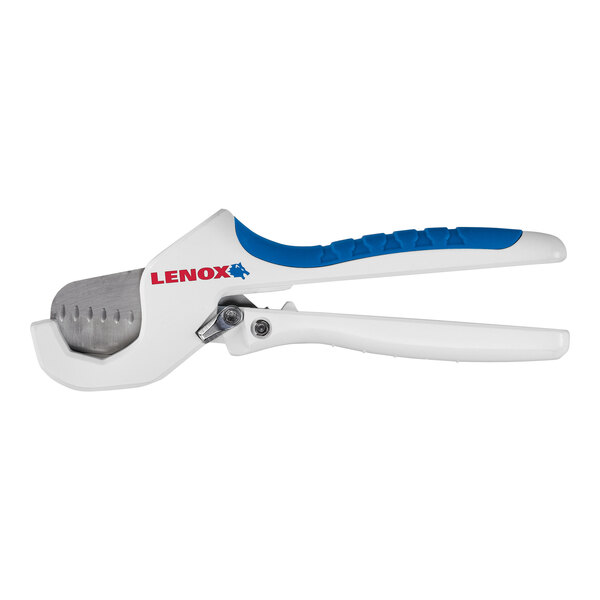 A white and blue Lenox CPVC plastic tubing cutter with a blue handle.