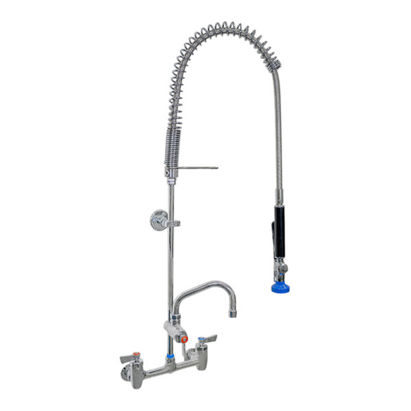 A Fisher stainless steel pre-rinse faucet with curved hose.