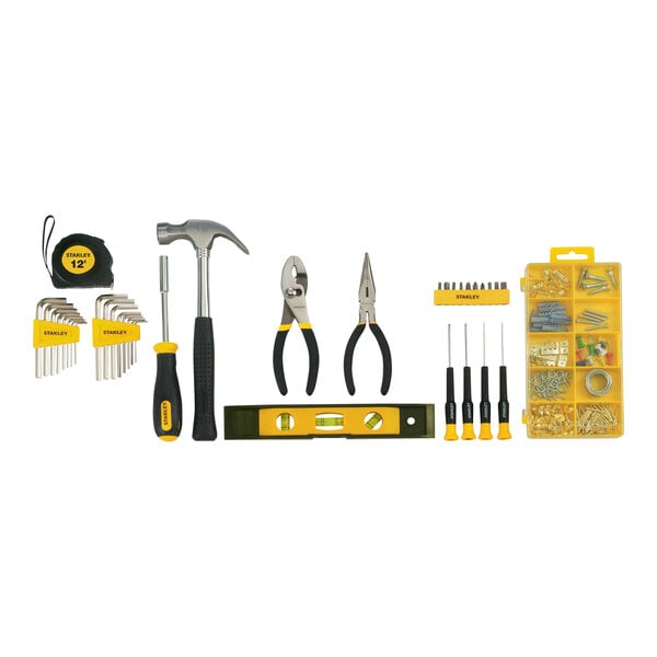 A Stanley tool kit with various tools in a tool bag.