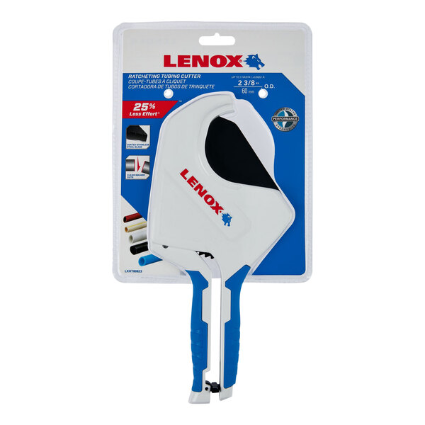 A white and blue Lenox ratcheting tubing cutter.