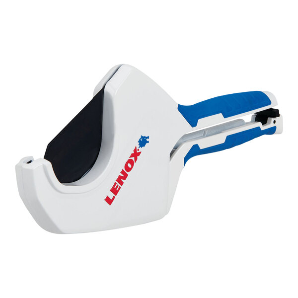 A white and blue Lenox ratcheting tubing cutter with a handle.