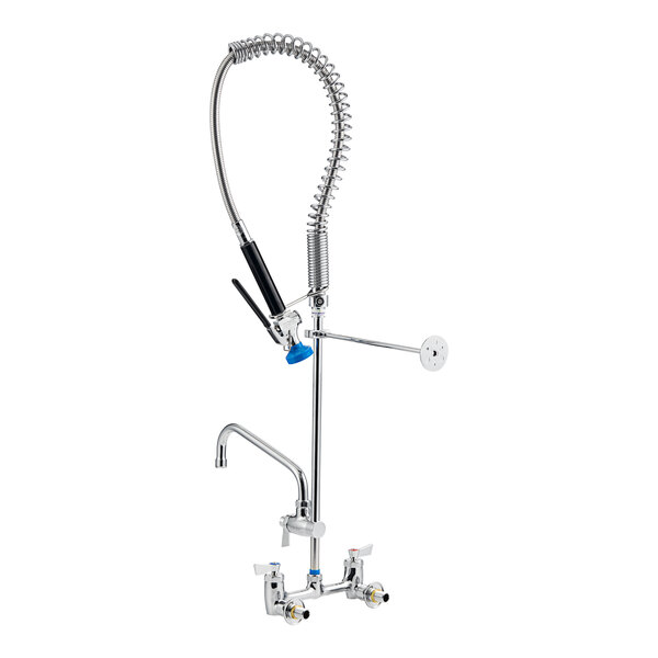 A chrome Fisher pre-rinse faucet with a blue handle and hose.