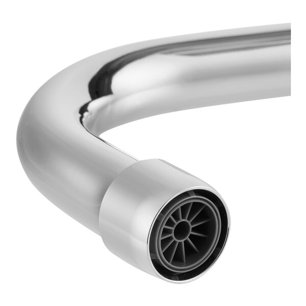 A close-up of a chrome Fisher pre-rinse faucet with a stainless steel pipe and white hose.