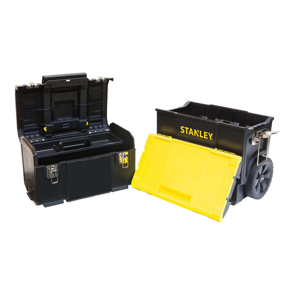 A black and yellow Stanley 3-in-1 mobile tool box with lid.