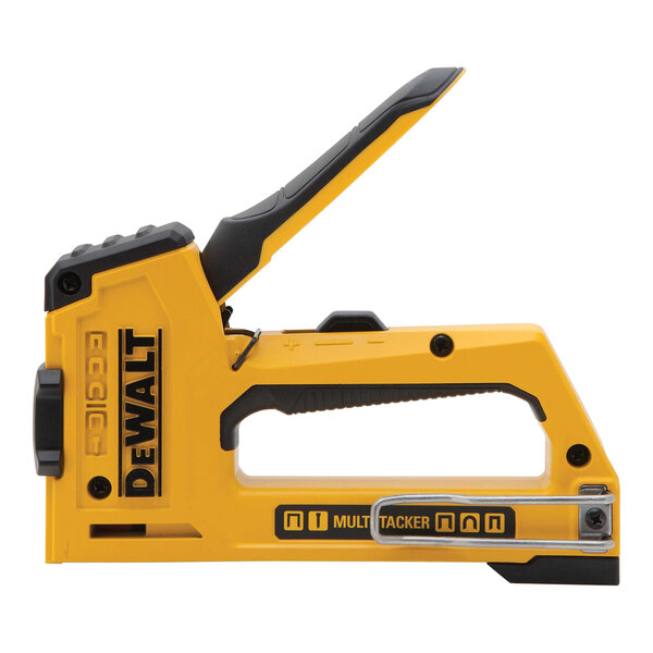 A yellow and black DeWalt multi-tacker staple gun.