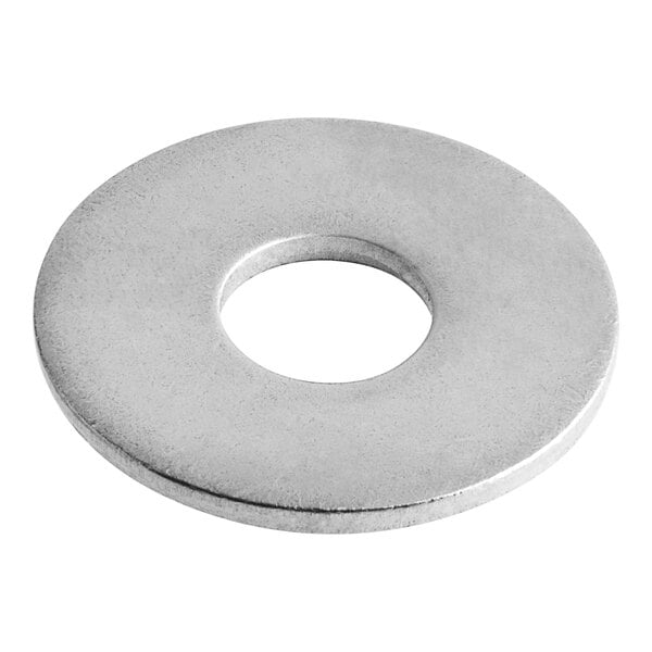 A close-up of a stainless steel round washer with a hole in the middle.