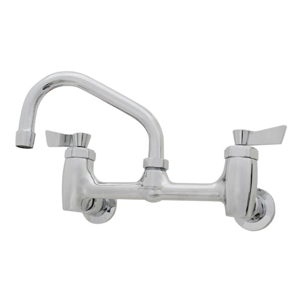 A silver Fisher wall mount faucet with lever handles and a swing nozzle.