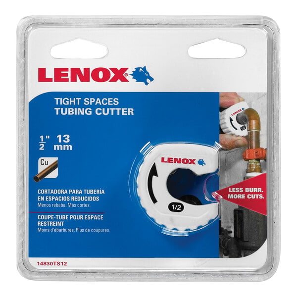 A plastic package of a Lenox 1/2" Tight-Space Tubing Cutter with white tape on it.