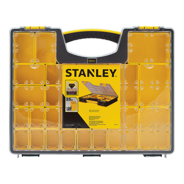 A yellow Stanley professional tool organizer with a black handle and lid.