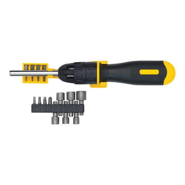 A Stanley yellow and black screwdriver with nozzles.