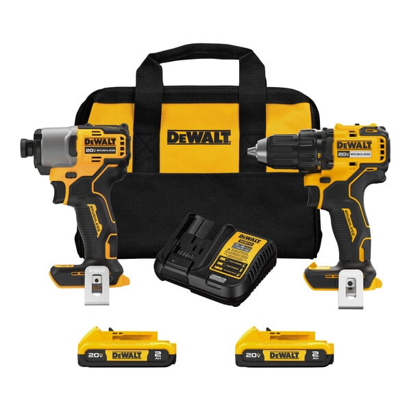 A yellow and black DeWalt cordless drill kit with battery charger in a yellow and black tool bag.