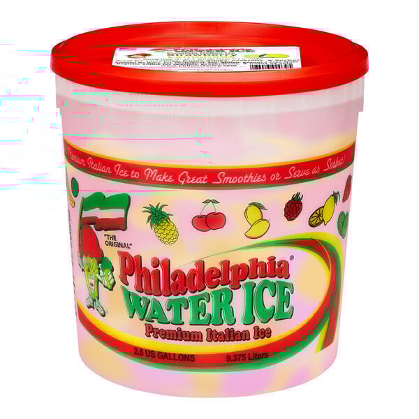 A plastic container of Philadelphia Water Ice Strawberry Lemonade with a red lid.