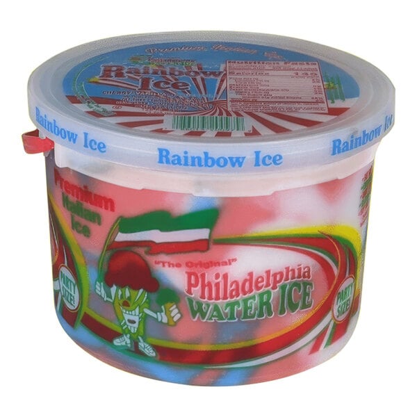 A plastic container of Philadelphia Water Ice with red, white, and blue swirls.