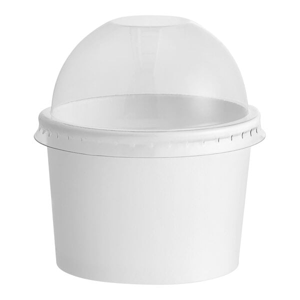 A white Choice paper food cup with a clear dome lid.