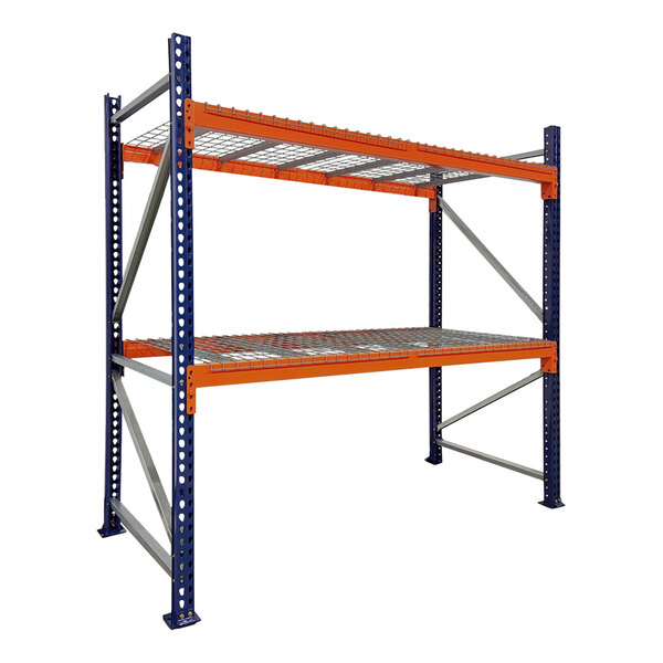 A blue and orange metal Interlake Mecalux pallet rack with wire shelving.