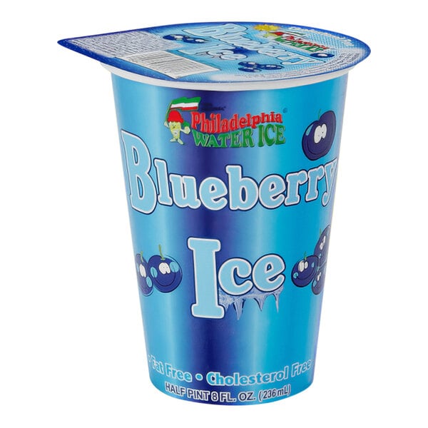 A Philadelphia Water Ice blueberry Italian ice in a blue cup with a lid.