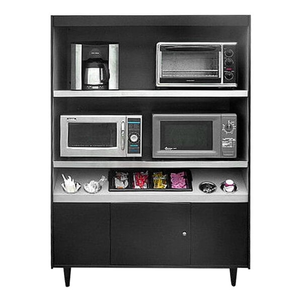 An All State Manufacturing condiment stand with double shelf and low tray holding four cups.