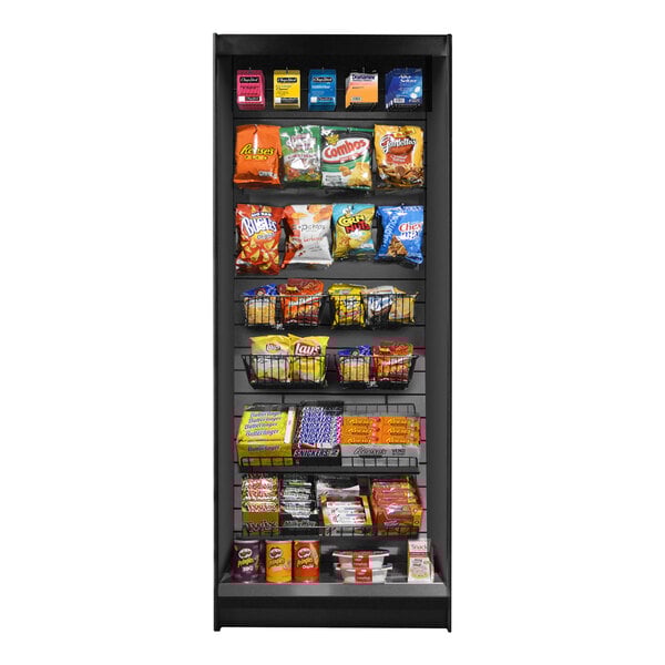 An All State Manufacturing stainless steel micro market stand with a variety of snacks on shelves.