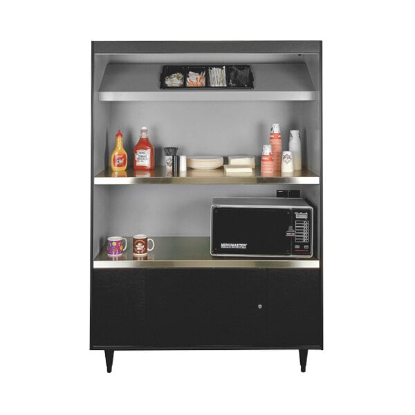 A black All State Manufacturing condiment stand with double shelves and high tray.