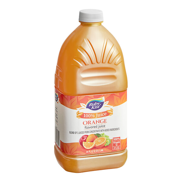A case of Ruby Kist orange juice plastic bottles.