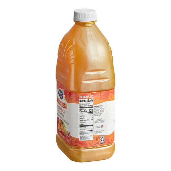 A case of 8 Ruby Kist Orange Juice bottles.