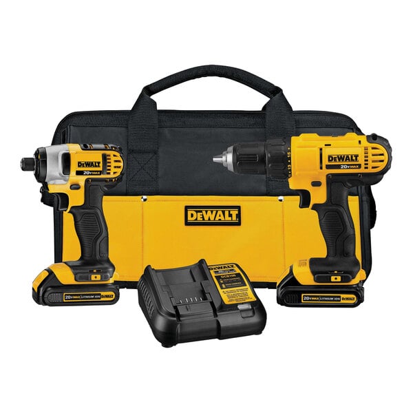 A yellow and black DeWalt contractor bag with a group of yellow and black DeWalt cordless drill and impact driver tools.