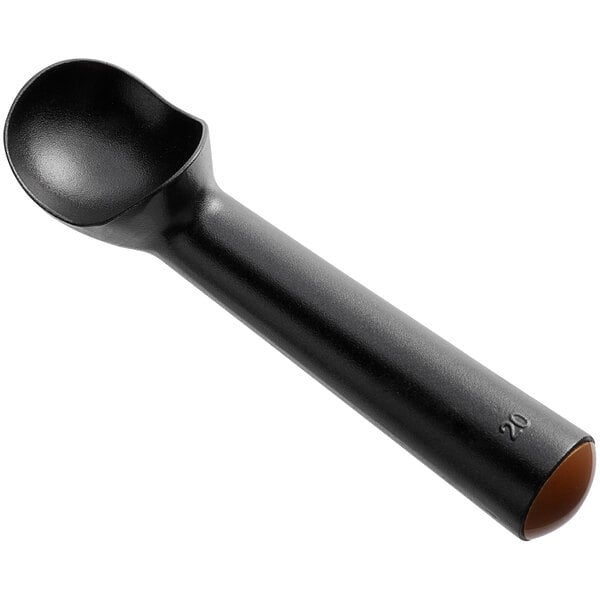 A black plastic scoop with brown handle.