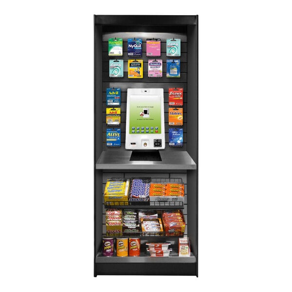 An All State Manufacturing stainless steel micro market stand with cards on shelves.