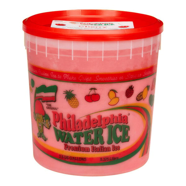 A container of Philadelphia Water Ice with a white label.