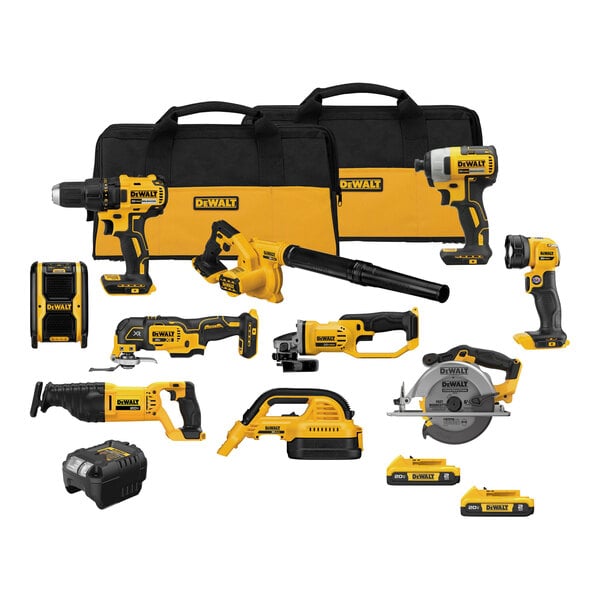 A yellow and black DeWalt 20V MAX tool combo kit in a tool bag.