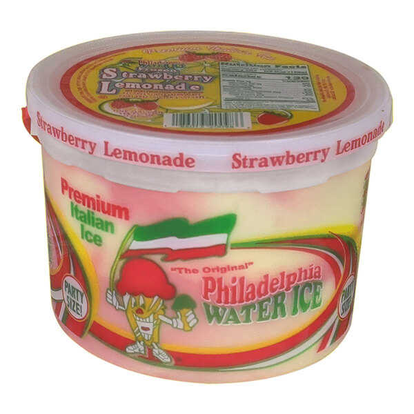 A gallon container of Philadelphia Water Ice Strawberry Lemonade Italian Ice with a white lid.