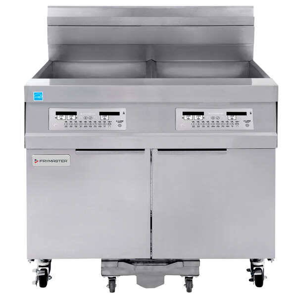 A large stainless steel Frymaster gas floor fryer with two drawers and two doors.