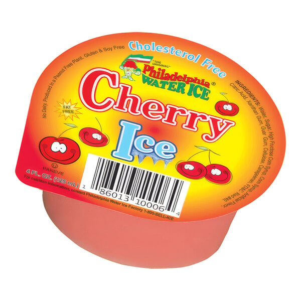 A Philadelphia Water Ice cherry Italian ice in a plastic container.