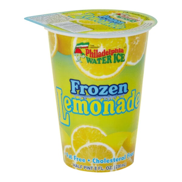 A white Philadelphia Water Ice lemonade cup with a lid.