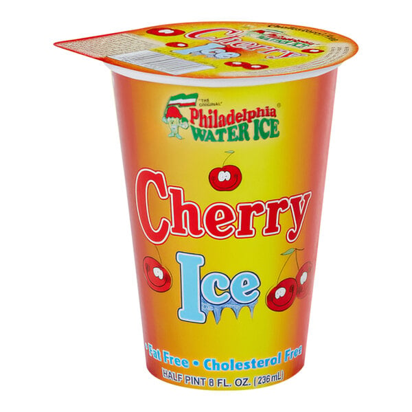 A close up of a Philadelphia Water Ice Cherry Italian ice cup with a straw.