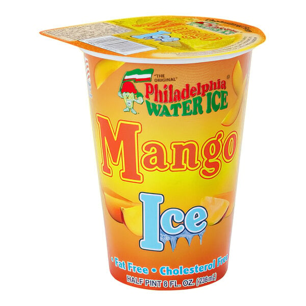 A Philadelphia Water Ice Mango Italian Ice in a container with a lid.