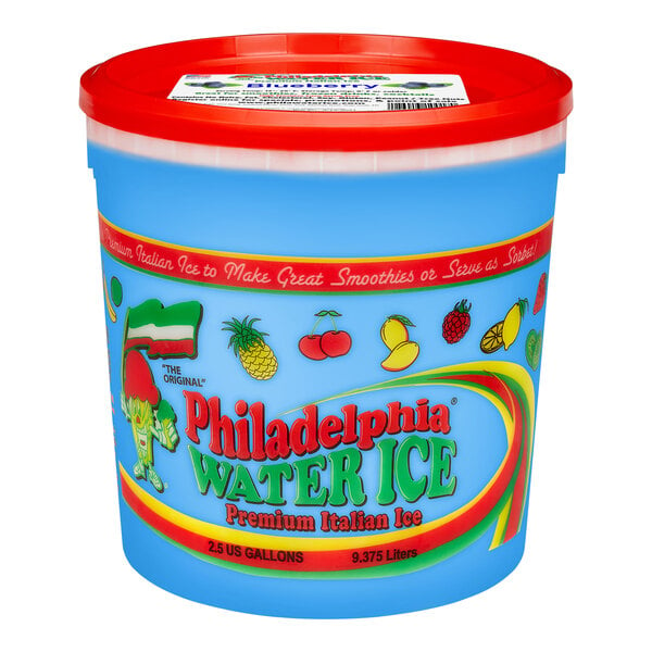 A blue container of Philadelphia Water Ice with a red lid.