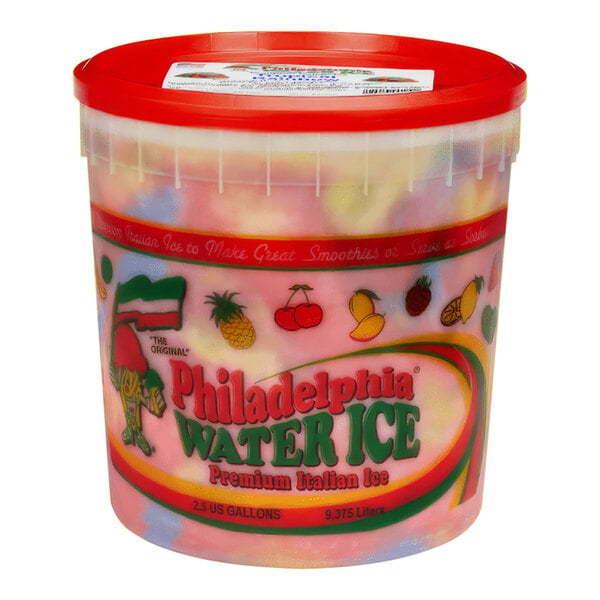 A plastic container of Philadelphia Water Ice Tropical Rainbow Italian Ice on a white background.