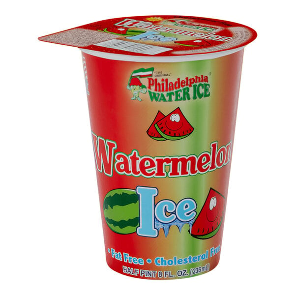 A Philadelphia Water Ice watermelon Italian ice in a red and green cup with a red lid.