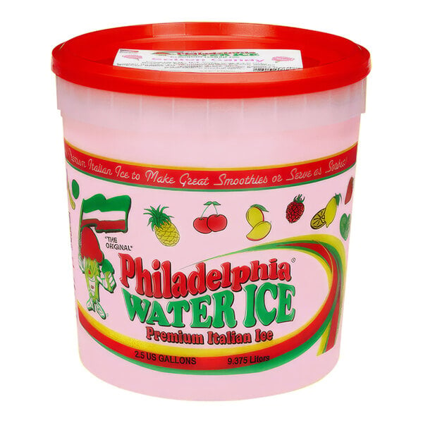 A pink container of Philadelphia Water Ice with a red lid.