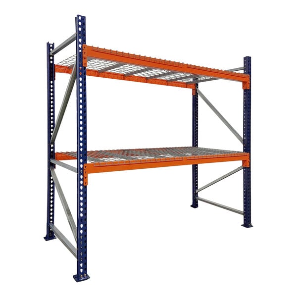 A blue and orange Interlake Mecalux metal shelving unit.