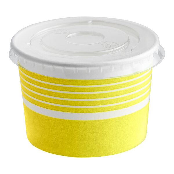 A yellow paper frozen yogurt cup with a flat lid.