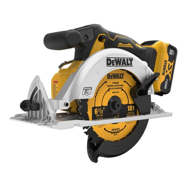 A DeWalt 20V MAX cordless circular saw with a black and yellow handle.