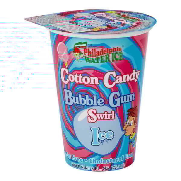 A close up of a Philadelphia Water Ice Cotton Candy Bubble Gum Swirl Italian Ice cup.