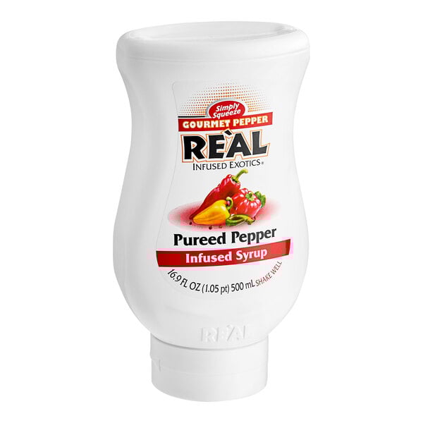 A white plastic bottle of Real Pepper Puree Infused Syrup with a red and white label.