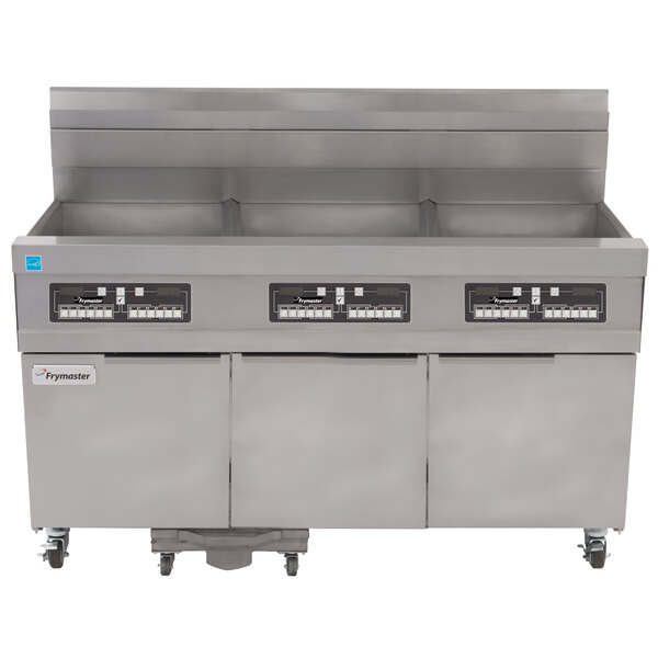 A large stainless steel Frymaster floor fryer with three drawers.