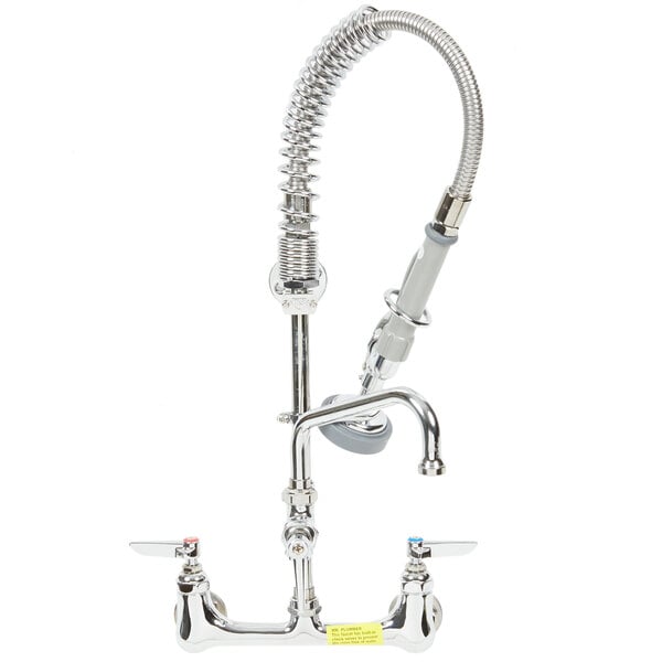 A silver T&S EasyInstall wall mounted pre-rinse faucet with a hose and sprayer.