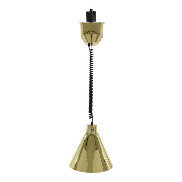 A Hanson Heat Lamps ceiling mount heat lamp with a brass finish and black cord.
