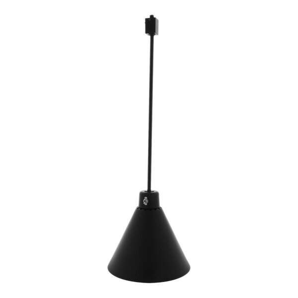 A black cone shaped Hanson Heat lamp on a black pole.